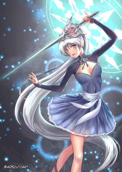 Anime picture 1240x1754 with rwby rooster teeth weiss schnee adsouto single long hair tall image looking at viewer breasts open mouth blue eyes holding signed cleavage silver hair ponytail very long hair magic scar girl