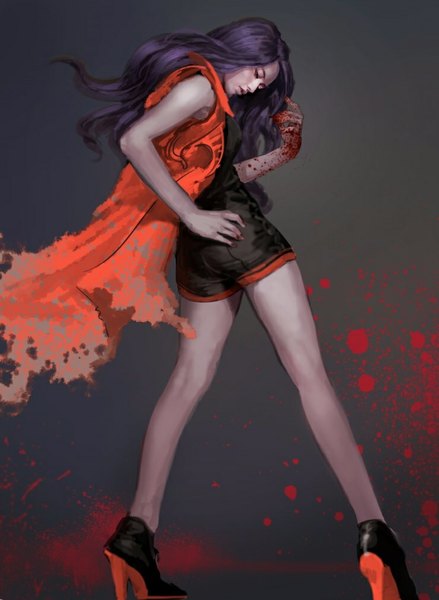 Anime picture 740x1011 with original aka single long hair tall image simple background standing purple eyes eyes closed looking back open clothes open jacket high heels hand on hip black background girl jacket shorts blood