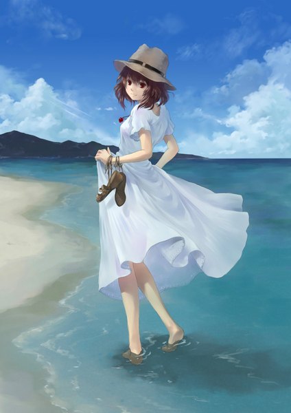Anime picture 1200x1697 with original totuka tall image short hair red eyes brown hair cloud (clouds) looking back beach girl hat water shoes sea sundress