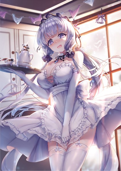 Anime picture 818x1158 with azur lane illustrious (azur lane) xing single tall image looking at viewer blush fringe breasts blue eyes light erotic large breasts standing twintails holding cleavage silver hair indoors blunt bangs very long hair
