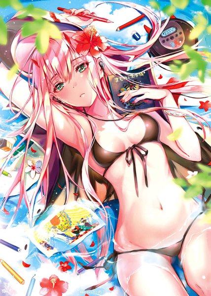 Anime picture 800x1122 with darling in the franxx studio trigger zero two (darling in the franxx) pierorabu single long hair tall image looking at viewer blush fringe breasts light erotic hair between eyes holding green eyes pink hair cloud (clouds) lying nail polish arm up