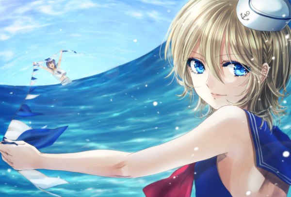 Anime picture 1922x1302 with original shino (syllable) looking at viewer highres short hair open mouth blue eyes blonde hair smile standing bare shoulders multiple girls holding purple hair cloud (clouds) braid (braids) eyes closed wind happy laughing