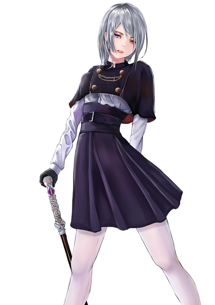 Anime picture 2480x3507 with original white lion single tall image fringe highres short hair open mouth blue eyes simple background hair between eyes red eyes standing white background holding looking away silver hair pleated skirt lips heterochromia