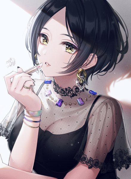 Anime picture 1977x2705 with idolmaster idolmaster cinderella girls hayami kanade mairo (ilo) single tall image looking at viewer fringe highres short hair breasts black hair holding signed yellow eyes cleavage upper body nail polish parted lips fingernails