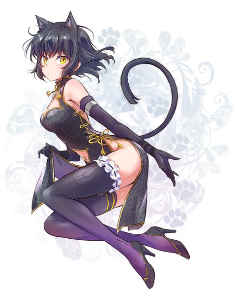 Anime picture 1280x1600 with rwby rooster teeth blake belladonna iesupa single tall image looking at viewer short hair breasts light erotic black hair animal ears yellow eyes tail traditional clothes animal tail cat ears cat girl cat tail high heels