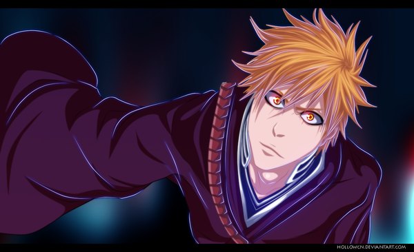 Anime picture 1200x733 with bleach studio pierrot kurosaki ichigo hollowcn single short hair wide image japanese clothes orange hair orange eyes coloring portrait letterboxed boy kimono