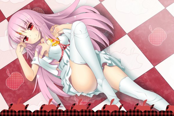 Anime picture 1400x933 with elsword ootsuki momiji single long hair looking at viewer blush light erotic smile red eyes pink hair legs checkered background girl thighhighs dress white thighhighs