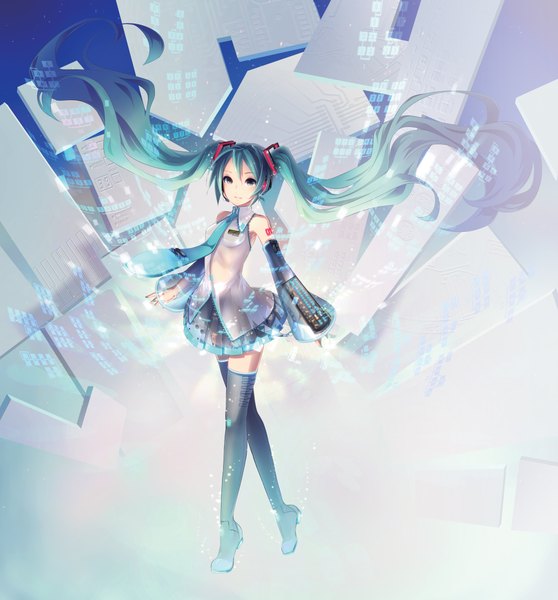 Anime picture 8504x9146 with vocaloid hatsune miku ixima single tall image looking at viewer highres twintails absurdres very long hair aqua eyes wind aqua hair tattoo girl skirt detached sleeves miniskirt necktie boots