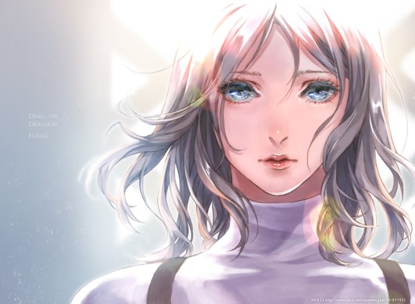 Anime picture 1240x910 with drakengard furiae cocoon single long hair looking at viewer blue eyes silver hair lips sunlight copyright name character names lens flare watermark girl turtleneck