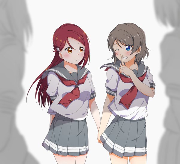 Anime picture 3300x3000 with love live! sunshine!! sunrise (studio) love live! sakurauchi riko watanabe you yuchi (salmon-1000) long hair looking at viewer blush fringe highres short hair blue eyes simple background hair between eyes brown hair standing white background multiple girls yellow eyes