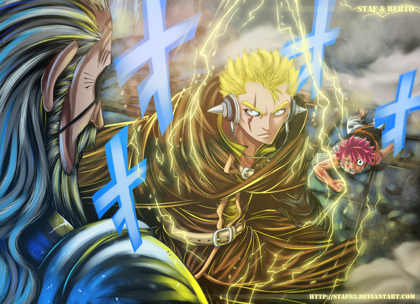 Anime picture 1500x1087 with fairy tail natsu dragneel laxus dreyar hades (fairy tail) staf93 long hair short hair blonde hair brown eyes yellow eyes pink hair grey hair coloring torn clothes magic scar smoke old man boy belt