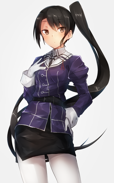 Anime picture 960x1548 with kantai collection nachi heavy cruiser metindone single long hair tall image fringe black hair simple background standing brown eyes ponytail grey background hand on hip side ponytail girl skirt gloves pantyhose belt