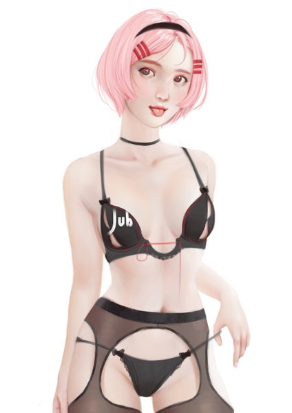 Anime picture 1920x2716 with original lika (jubi) jubi (regiana) single tall image highres short hair breasts light erotic white background bare shoulders signed looking away pink hair pink eyes realistic underwear only symbol-shaped pupils :p heart-shaped pupils