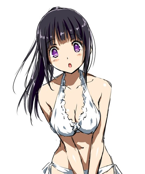 Anime picture 1497x1800 with hyouka kyoto animation chitanda eru kikurage (plastic people) single long hair tall image looking at viewer blush breasts open mouth light erotic black hair simple background white background purple eyes bare shoulders cleavage ponytail bare belly