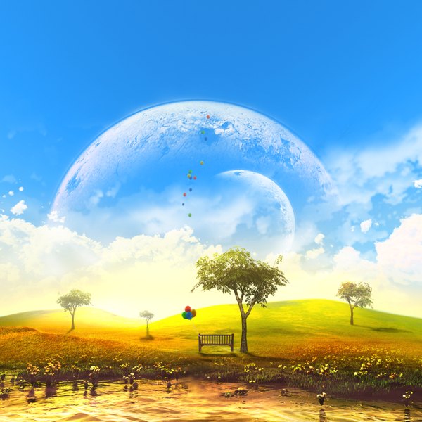 Anime picture 1500x1500 with original y-k sky cloud (clouds) no people landscape fantasy scenic lake meadow flower (flowers) plant (plants) tree (trees) planet bench balloon