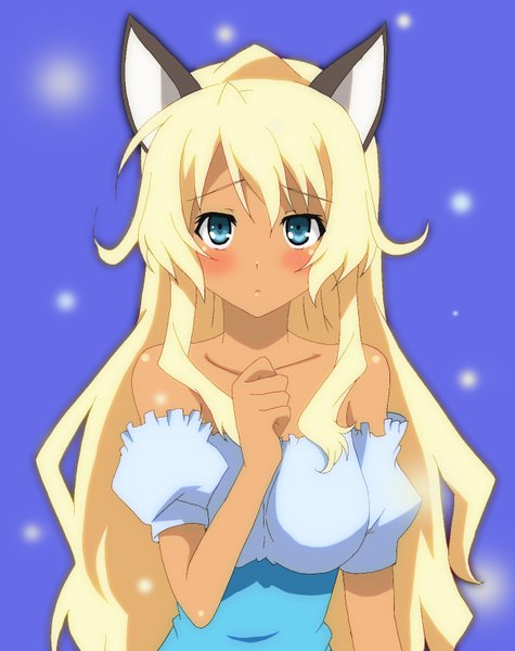 Anime picture 1240x1566 with mayo chiki! feel (studio) narumi nakuru single long hair tall image looking at viewer blush blue eyes blonde hair bare shoulders animal ears cat ears girl