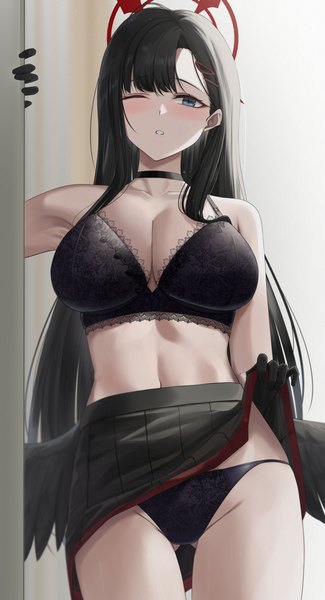 Anime picture 2194x4045 with blue archive ichika (blue archive) yamikyon single long hair tall image looking at viewer blush fringe highres breasts blue eyes light erotic black hair large breasts standing blunt bangs parted lips arm up armpit (armpits)