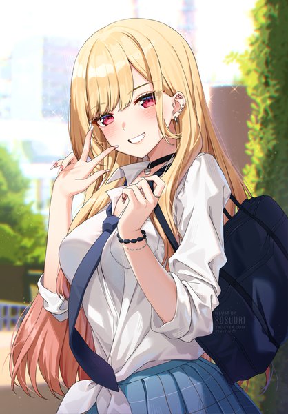 Anime picture 1000x1436 with sono bisque doll wa koi wo suru cloverworks kitagawa marin rosuuri single long hair tall image looking at viewer blush fringe breasts blonde hair smile red eyes signed outdoors blunt bangs nail polish head tilt pleated skirt