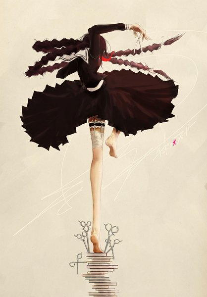 Anime picture 810x1161 with dangan ronpa fukawa touko genocider syo kigou single tall image standing holding full body braid (braids) barefoot from behind bare legs twin braids back girl uniform school uniform serafuku book (books)