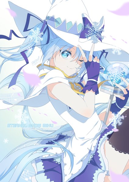 Anime picture 1414x2000 with vocaloid suki! yuki! maji magic (vocaloid) hatsune miku yuki miku yuki miku (2014) sakon04 (sakonlieur) single long hair tall image blue eyes smile twintails blue hair one eye closed wink inscription victory treble clef girl thighhighs