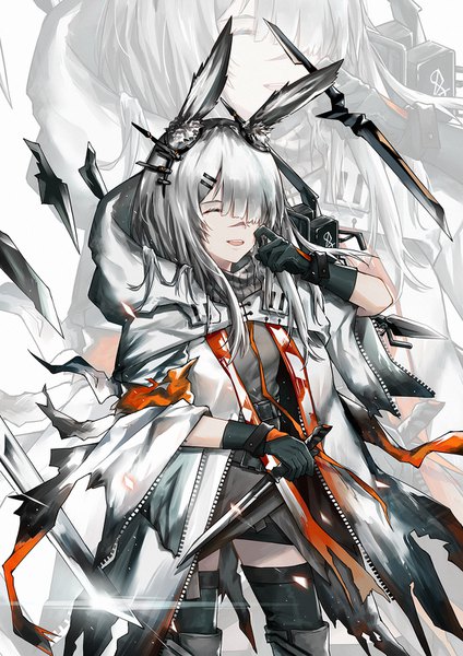 Anime picture 1080x1528 with arknights frostnova (arknights) yuuki mix single long hair tall image open mouth animal ears silver hair eyes closed bunny ears scar ^ ^ zoom layer girl thighhighs gloves weapon black thighhighs black gloves