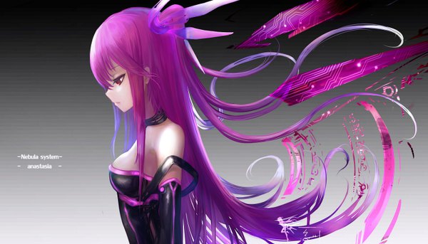 Anime picture 1400x802 with original anastasia (hc) wangchuan de quanyan single long hair fringe breasts light erotic simple background red eyes wide image bare shoulders pink hair purple hair profile multicolored hair gradient hair girl gloves elbow gloves