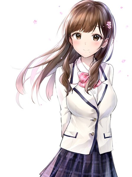 Anime picture 777x1041 with original takeashiro single long hair tall image looking at viewer blush fringe breasts simple background smile brown hair standing white background brown eyes pleated skirt hair flower mole cherry blossoms plaid skirt