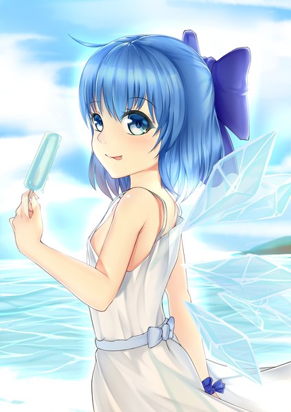 Anime picture 2480x3507 with touhou cirno mo ying yu single tall image highres short hair blue eyes light erotic smile blue hair sky looking back from behind sleeveless :p arm behind back girl dress bow