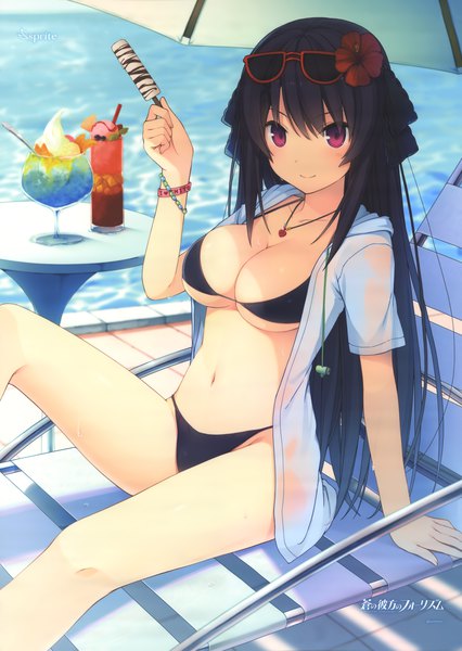 Anime picture 3053x4296 with ao no kanata no four rhythm sprite (company) tobisawa misaki akinashi yuu single long hair tall image looking at viewer blush highres breasts light erotic black hair smile large breasts sitting purple eyes absurdres hair flower arm support