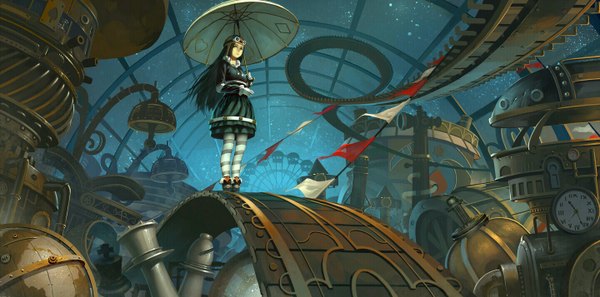 Anime picture 1440x714 with original lu ying single long hair black hair wide image yellow eyes steam punk girl dress gloves hat pantyhose white gloves umbrella clock bridge striped pantyhose globe carousel