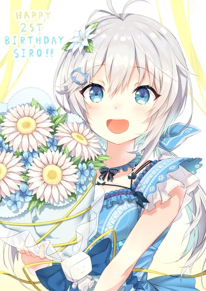 Anime picture 1003x1416 with virtual youtuber .live dennou shoujo siro otou mamayo single long hair tall image looking at viewer fringe open mouth blue eyes hair between eyes silver hair upper body ahoge :d hair flower low ponytail happy birthday girl