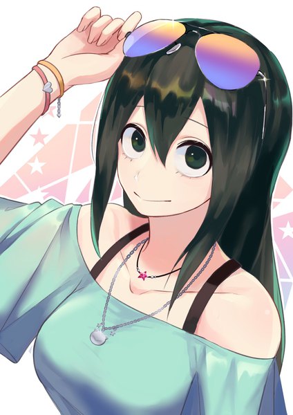 Anime picture 1448x2048 with boku no hero academia studio bones asui tsuyu liyuchen1126 single long hair tall image looking at viewer fringe breasts black hair simple background smile hair between eyes upper body arm up black eyes off shoulder alternate costume sunglasses on head
