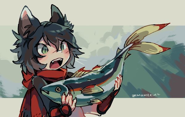 Anime picture 1593x1007 with dungeon meshi studio trigger izutsumi zuomerika single fringe short hair open mouth black hair hair between eyes holding green eyes signed animal ears looking away upper body outside border girl animal scarf