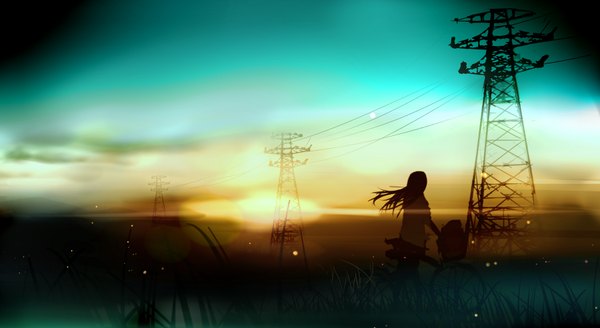 Anime picture 3541x1938 with original watari single long hair highres brown hair wide image standing sky cloud (clouds) wind evening sunset girl plant (plants) grass ground vehicle sun wire (wires) power lines