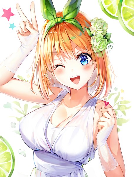 Anime picture 900x1186 with go-toubun no hanayome nakano yotsuba narae single tall image looking at viewer blush fringe short hair breasts open mouth blue eyes light erotic simple background smile large breasts white background cleavage upper body head tilt