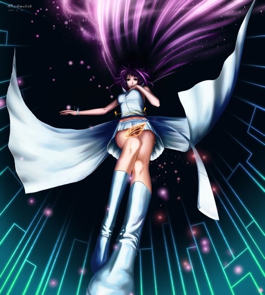 Anime picture 2250x2500 with original darkmuleth single long hair tall image highres blue eyes purple hair girl miniskirt boots crystal