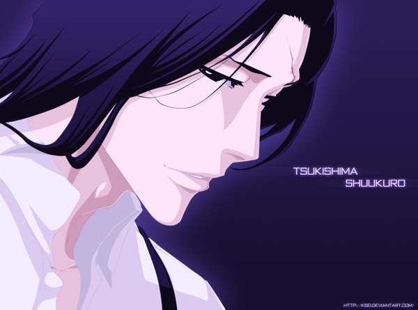 Anime picture 1300x965 with bleach studio pierrot shuukurou tsukishima ksei single short hair purple hair light smile black eyes inscription coloring close-up face purple background boy