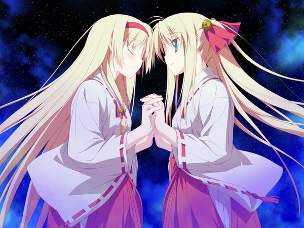 Anime picture 1600x1200 with hoshizora no memoria hisakaki kosame hisakaki komomo shida kazuhiro long hair blush open mouth blue eyes blonde hair multiple girls game cg cloud (clouds) eyes closed traditional clothes japanese clothes profile night night sky holding hands miko