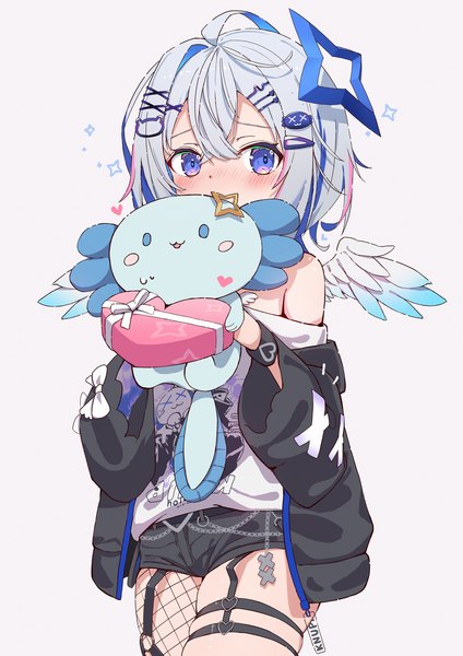 Anime-Bild 2480x3508 mit virtual youtuber hololive amane kanata upao (amane kanata) amane kanata (6th costume) juu p single tall image looking at viewer blush highres short hair blue eyes simple background white background blue hair multicolored hair grey hair off shoulder streaked hair