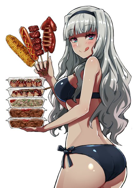 Anime picture 994x1400 with idolmaster shijou takane lam (ramdayo) single long hair tall image looking at viewer blush fringe breasts light erotic simple background standing white background holding silver hair ass blunt bangs aqua eyes :q