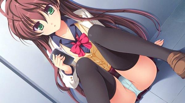 Anime picture 1280x720 with melty moment ayazaki sumire long hair blush light erotic brown hair wide image green eyes game cg girl thighhighs uniform underwear panties black thighhighs school uniform bowtie iphone