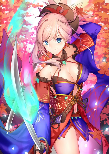 Anime picture 1200x1696 with fate (series) fate/grand order miyamoto musashi (fate) gogatsu fukuin single long hair tall image looking at viewer blush fringe breasts blue eyes light erotic smile large breasts standing holding pink hair cleavage traditional clothes