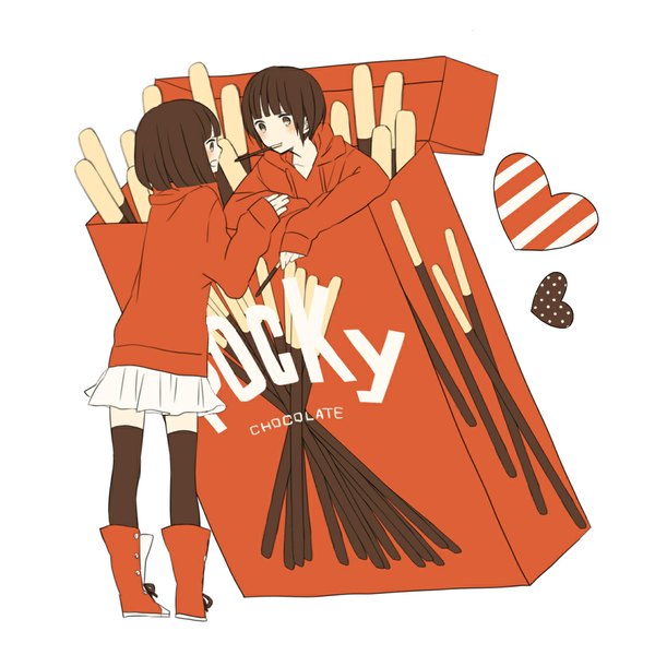 Anime picture 1111x1111 with original riku (kari) blush fringe short hair open mouth black hair simple background smile white background pleated skirt text striped girl thighhighs boy skirt food boots heart