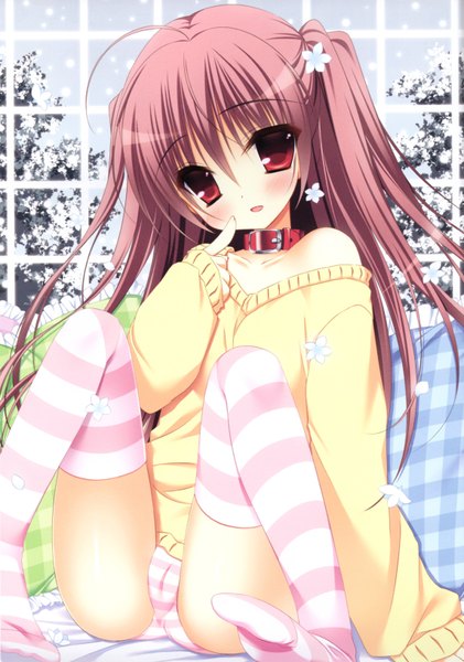 Anime picture 4574x6511 with nanaka mai long hair tall image blush highres open mouth light erotic brown hair sitting pink hair absurdres spread legs striped girl thighhighs flower (flowers) plant (plants) tree (trees) window pillow