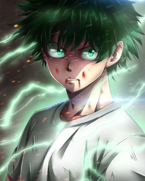 Anime picture 1500x1873 with boku no hero academia studio bones midoriya izuku sam-baten single tall image looking at viewer fringe short hair green eyes signed upper body parted lips green hair angry blood on face frown freckles electricity boy