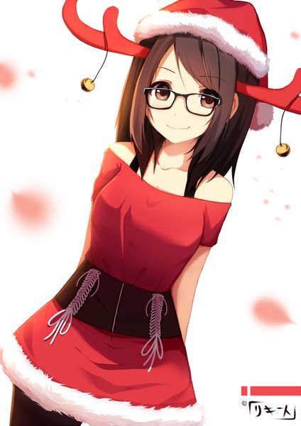 Anime picture 800x1131 with original riki-to rizky (strated) single long hair tall image looking at viewer blush fringe breasts brown hair bare shoulders brown eyes horn (horns) light smile fur trim hieroglyph christmas hands behind back antlers