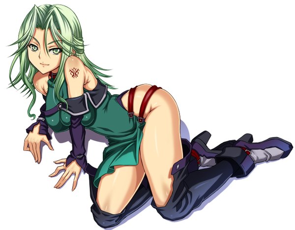 Anime picture 1280x1000 with super robot wars lamia loveless shunzou single long hair light erotic simple background white background green eyes green hair tattoo girl