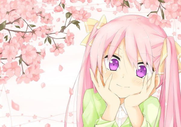 Anime picture 1280x900 with original kitsune (scaz) single long hair looking at viewer blush purple eyes twintails pink hair cherry blossoms girl petals