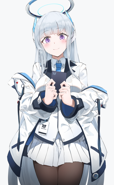 Anime picture 2600x4200 with blue archive noa (blue archive) heimu (heim kstr) single tall image looking at viewer blush fringe highres simple background smile standing white background purple eyes silver hair blunt bangs very long hair pleated skirt open jacket girl