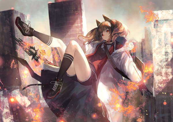 Anime picture 2172x1536 with arknights angelina (arknights) shirataki jiro single long hair looking at viewer fringe highres red eyes brown hair twintails animal ears full body bent knee (knees) long sleeves open jacket city cityscape leg lift (legs lift) falling